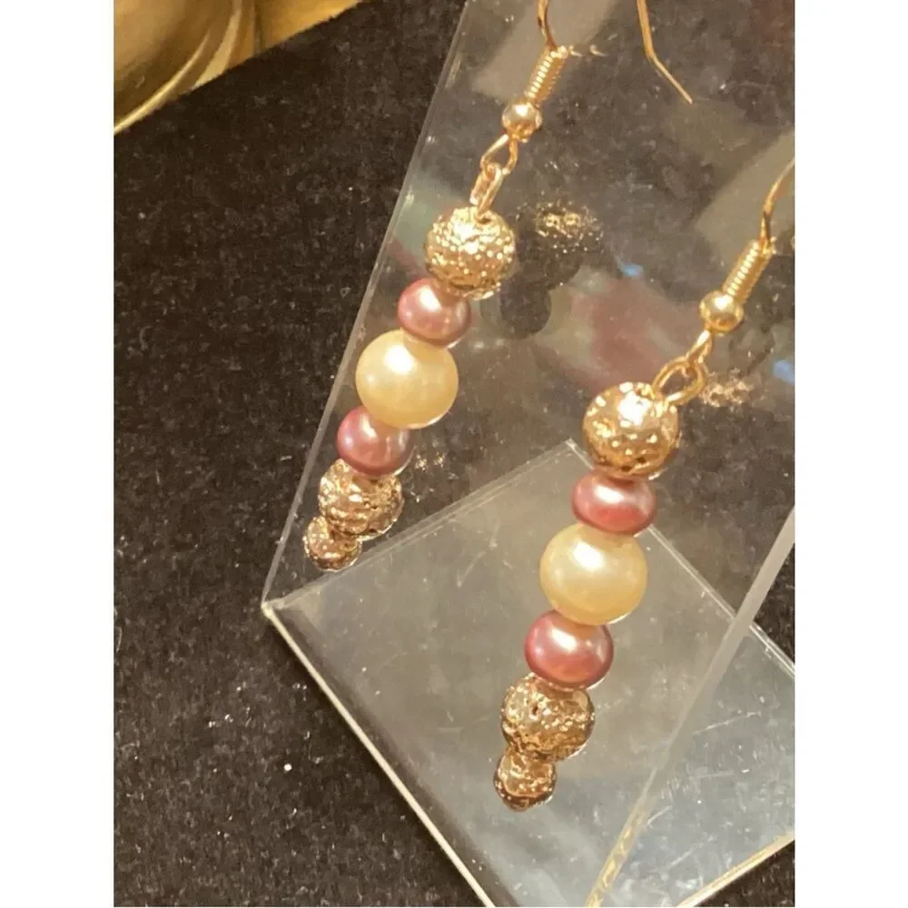 Goldtone and Faux Pearls Fishhook Drop Earrings